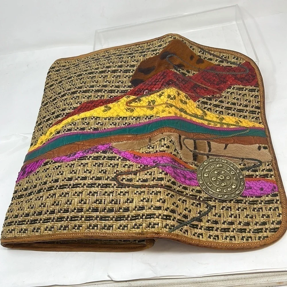 Carlos Falchi Woven Leather and Hemp and Exotic Patchwork of Skins Clutch Bag